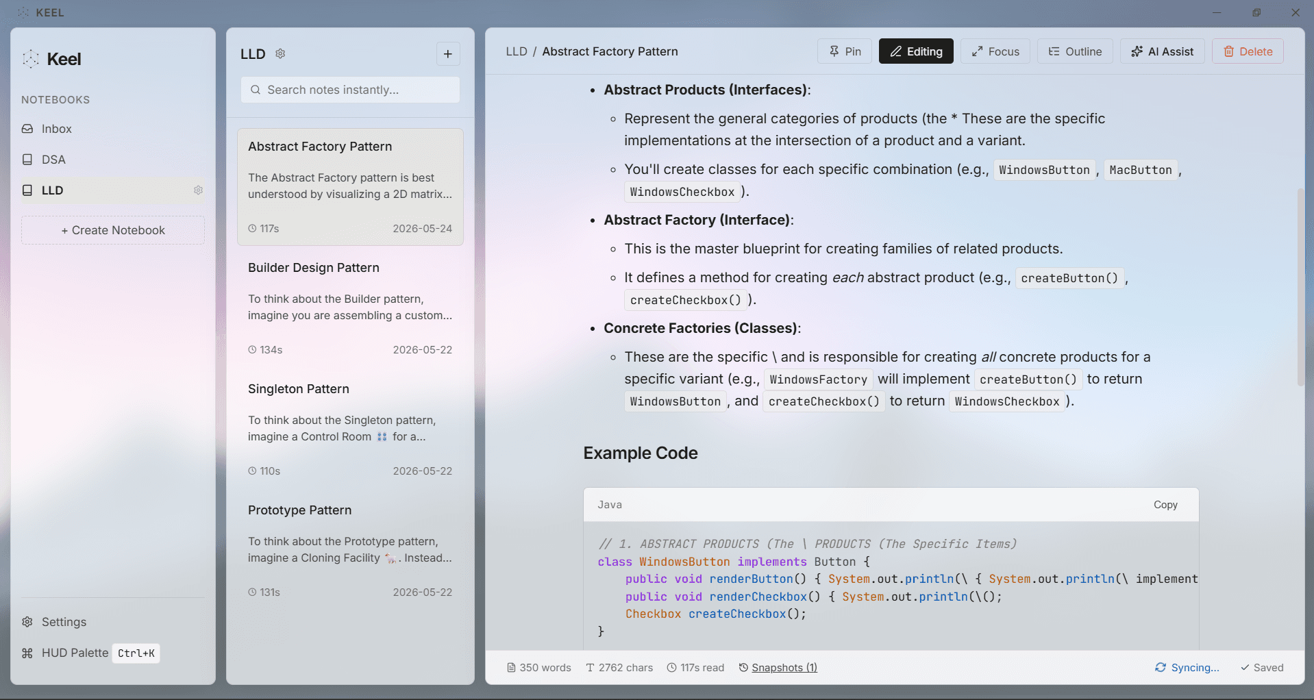 Keel Note-Taking Interface Mockup